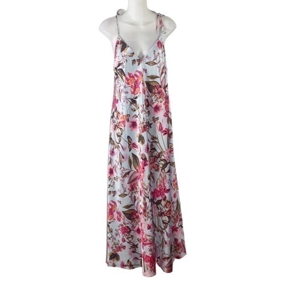 Victoria's Secret Dresses & Skirts - Victoria’s Secret Blue Tropical Floral Tie Shoulder Strap Satin Midi Dress XL